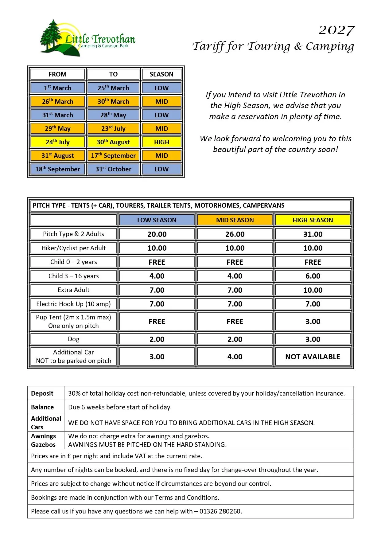 2027 Camping and Touring Pitch Tariff and Rates Table