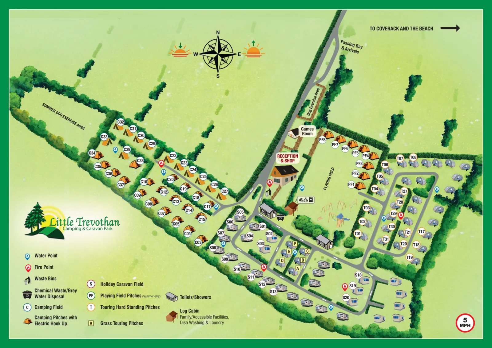 Camp site map of Little Trevothan showing pitches, fields and facilities.