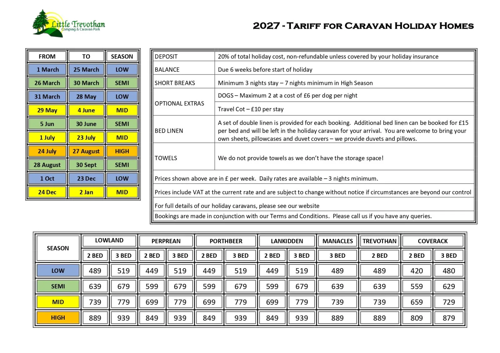 2027 Holiday Caravan Tariff and Pricing Table for Little Trevothan